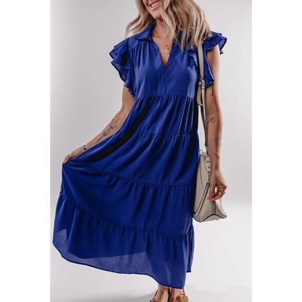 Bluing Ruffled Short Sleeve Collared V Neck Tiered Midi Dress