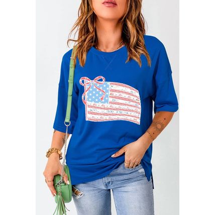 Dark Blue Bowknot Floral American Flag Print Side Slit 4th July T Shirt