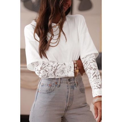 White Lace Long Sleeve Insert Drop Shoulder Tee
