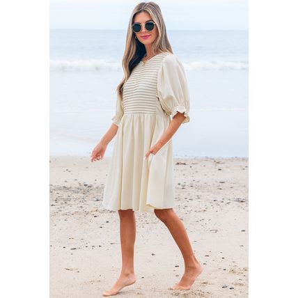 White Textured Ruffled Puff Sleeve Loose Dress