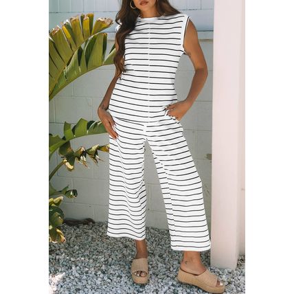 Black Stripe Casual Wide Leg 2pcs Pants Set