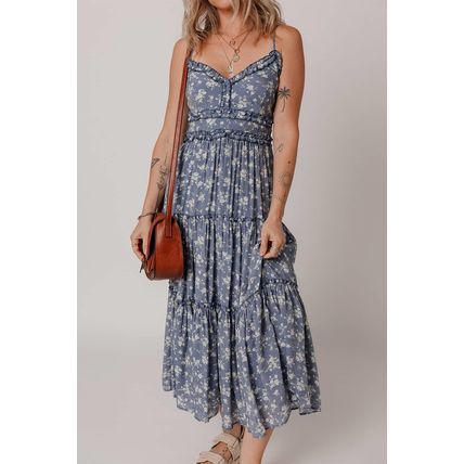 Blue Floral Spaghetti Strap Frilled V Neck Tiered Midi Dress
