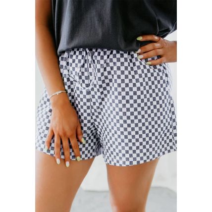 Gray Checkerboard Lace-Up High Waist Plus Size Casual Shorts