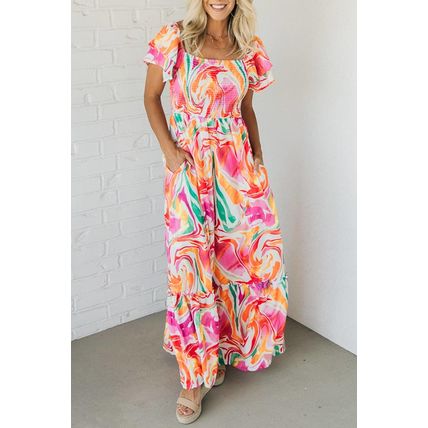 Pink Abstract Print Ruffled Sleeve Smocked Bust Maxi Dress