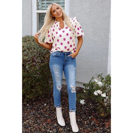 Rose Polka Dot Print Shirred Yoke Notched Neck Balloon Sleeve Blouse