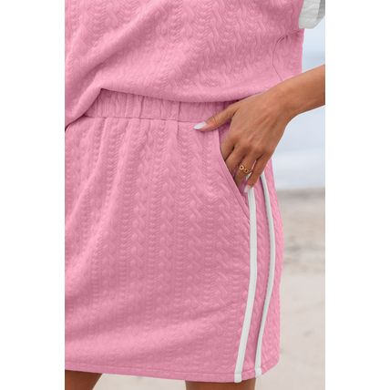 Pink Contrast Trim Textured Crewneck Tee and Pocketed Skirt Set