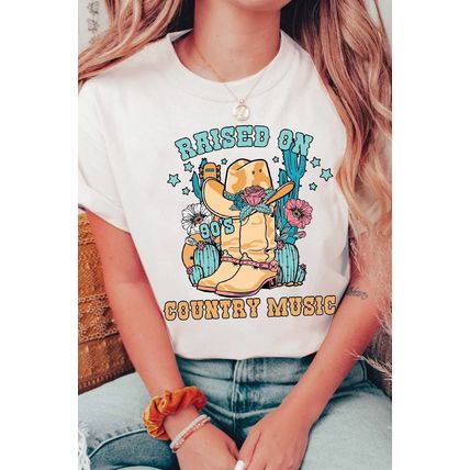 White RAISED ON COUNTRY MUSIC Western Graphic Tee