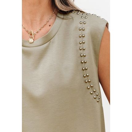 Sage Green Studded Cap Sleeve Round Neck T Shirt