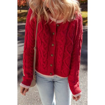 Racing Red Color Contrast Edge Cable Knit Buttoned Cardigan