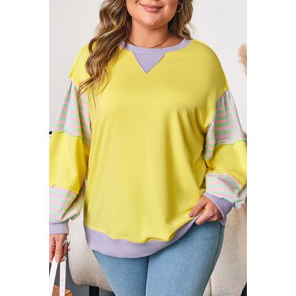 Yellow Striped Color Block Patchwork Crewneck Plus Size Pullover Sweatshirt