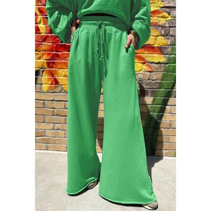 Bright Green Drop Shoulder Puff Sleeve Crop Pullover Drawstring Wide Leg Pants S