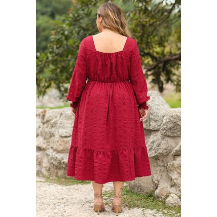 Fiery Red Lace-up Ruched Front Long Sleeve Ruffle Hem Plus Size Midi Dress
