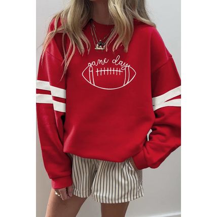 Fiery Red game day Rugby Embroidered Oversize Varsity Sweatshirt