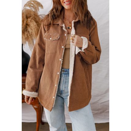 Cinnamon Fleece Lined Buttoned Flap Pockets Corduroy Jacket