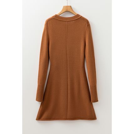 Straw Yellow Ribbed Detail Solid Color Mini Sweater Dress
