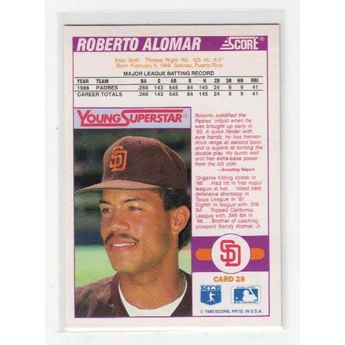 1989 Score Young SuperStars Roberto Alomar baseball card #29 –HOF - Padres