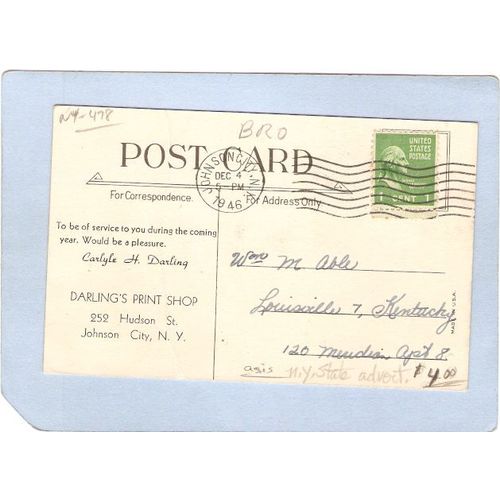 New York Johnson City Advertising Christmas Card For Darlings Print Shop 2~477