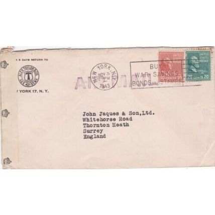 United States 1943 New York to Surrey UK Opened by Examiner 1051 Air Cover VGC