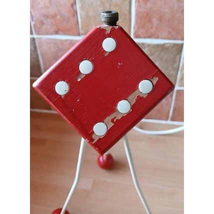 Atomic Tripod Red & Cream Wooden Dice Lamp, Ball Feet, retro, vintage