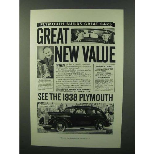 1938 Plymouth Cars Ad - Great New Value