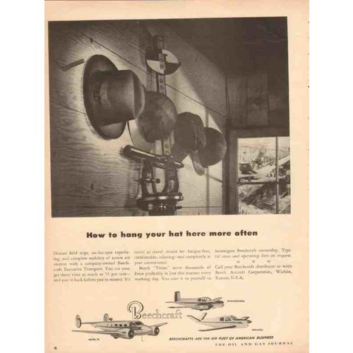BEECH AIRCRAFT CORP 1953 hang hat here executive airplane vintage ad