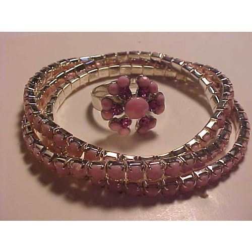 Pink Crystal Earrings Chandelier, Bracelets, Ring, Hair Clip SET 4 Fashion Set