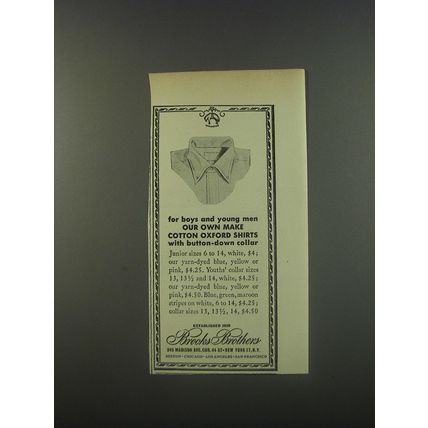 1956 Brooks Brothers Cotton Oxford Shirts Ad - For boys and young men