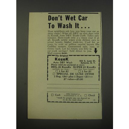 1956 Kozak Auto Dry Wash Ad - Don't wet car to wash it
