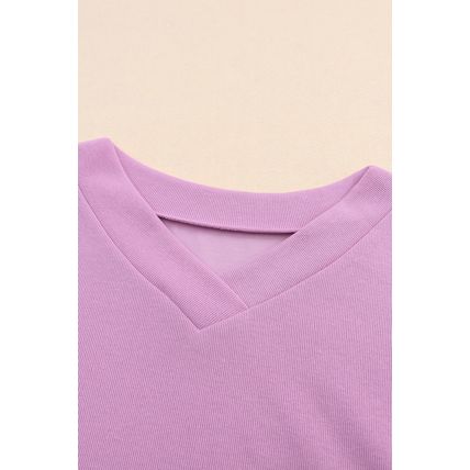 Purple Knitted V Neck Buttoned Cuffs Sweater