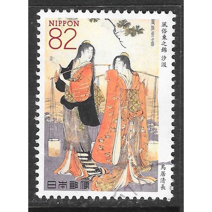 JAPAN LADIES CARRYING WATER PEOPLE SCENE PAINTING 82y USED
