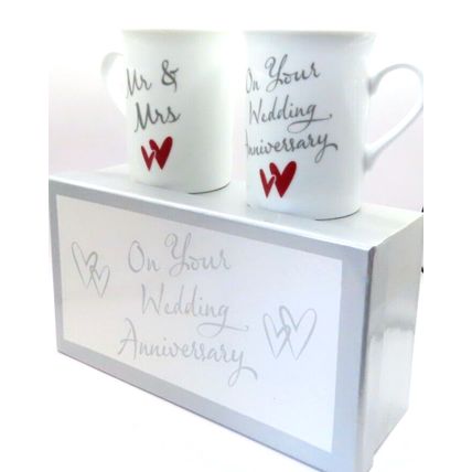 On Your Wedding Anniversary Day Mugs Fine China Ceramic Boxed Set of Two Gift
