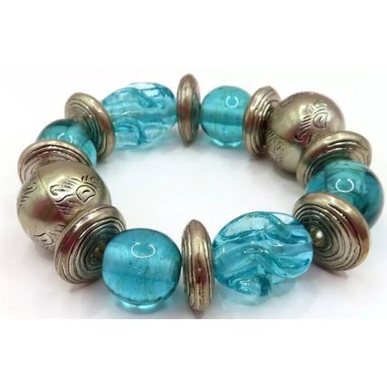 Blue Glass & Metal Spacer Bracelet Stretch Christmas Gift Jewellery Ladies