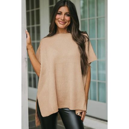 Apricot Short Sleeve Side Slit Oversized Sweater