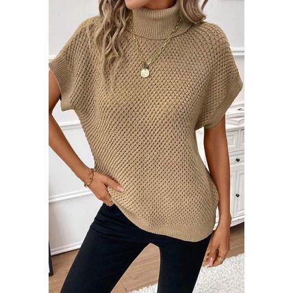 Pale Khaki Turtleneck Textured Short Sleeve Sweater