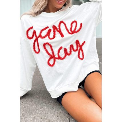 White Tinsel Game Day Drop Shoulder Graphic Sweatshirt