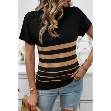 Black Striped Crew Neck Sweater T-shirt