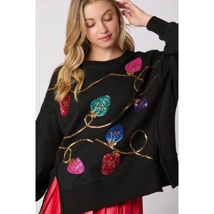 Black Bright Christmas Lights Sequined Oversized Sweatshirt