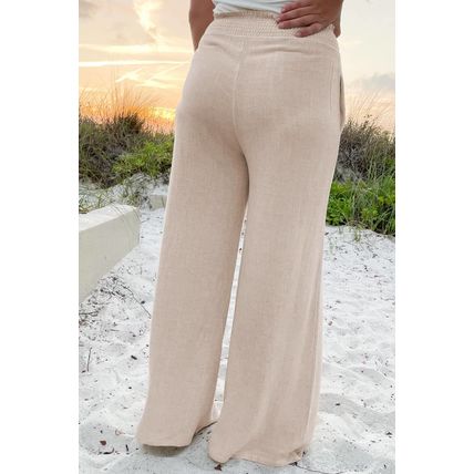 Beige Smocked High Waist Wide Leg Plus Size Pants