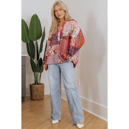 Red Boho Geometric Mixed Print Patchwork Bubble Sleeve Shirt