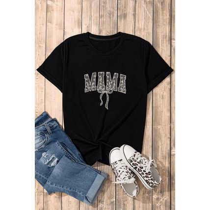 Black Bowknot MAMA Embroidered Crewneck Mothers Day T Shirt