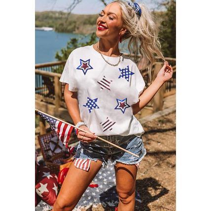 White USA Sequin Stars Patched Casual T Shirt