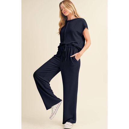 Navy Blue Solid Color Corded Short Sleeve Top and Casual Pants Set