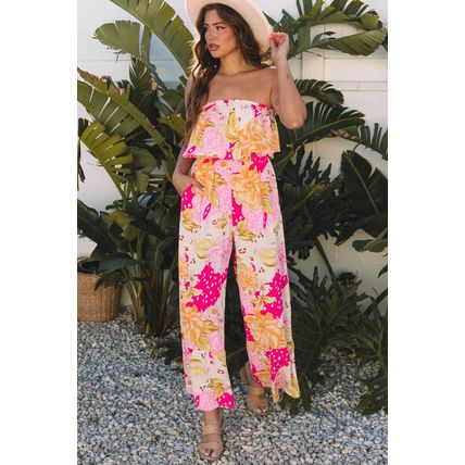 Multicolour Floral Print Ruffled High Waist Tube Top Loose Jumpsuit