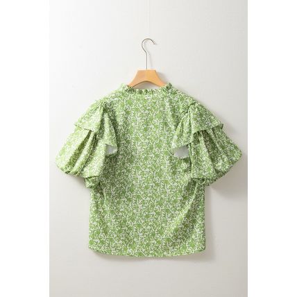 Light Green Floral Ruffle Puff Short Sleeve Frilled Collar V Neck Blouse