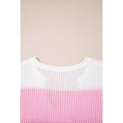 Pink Color Block Notch V Neck Sweater T Shirt