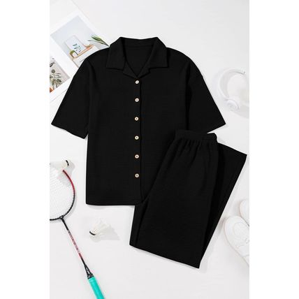 Black Solid Color Textured Buttoned Shirt and Casual Pants Set