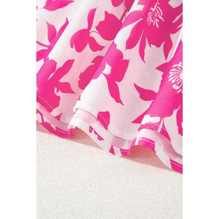 Pink Floral Printed Ruffled Short Sleeve Round Neck Loose Blouse