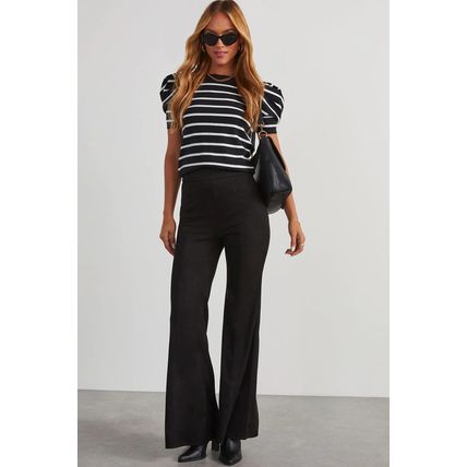 White Stripe Ribbed Trim Round Neck Bubble Sleeve Knitted Top