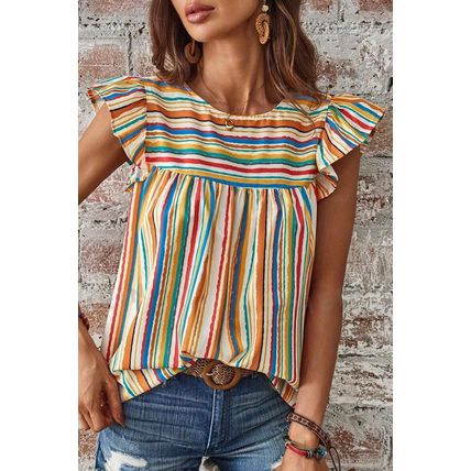 Multicolour Vibrant Stripes Printed Flutter Sleeve Babydoll Blouse