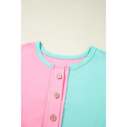 Mint Green Colorblock Patchwork Short Sleeve Buttons Plus Size Henley Top